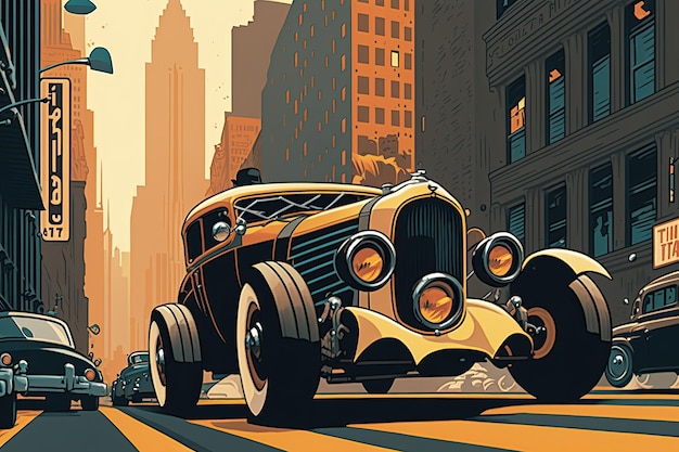 Oldschool hot rod buzzing through bustling metropolis surrounded by towering skyscrapers