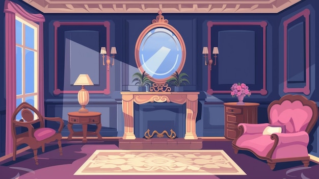 Photo an oldstyle living room with a sofa armchair mirror and coffee table modern parallax background for 2d animation