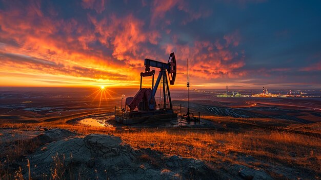 Foto olie boor voor een zonsondergang met een rode hemel en een stad op de achtergrond