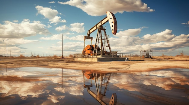 Olie-concept Olie-pompunit Mijnbouw van olie en gas Olieveldgebied Pump Jack werkt Boorplatforms voor fossiele brandstoffen en ruwe olie-extractie Globale crisis Oorlog over olieprijzen