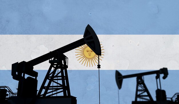 Olie- en gasindustrie achtergrond oliepomp silhouet tegen een Argentijnse vlag d rendering