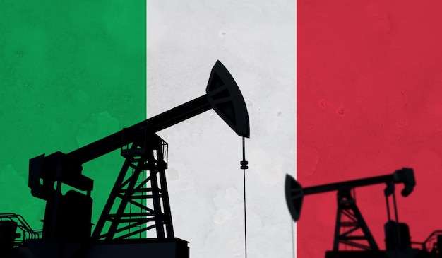 Olie- en gasindustrie achtergrond oliepomp silhouet tegen italië vlag d rendering