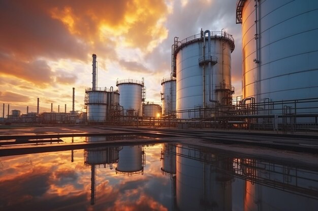 Olie raffinaderij plant vorm industrie zone met zonsopgang en bewolkte lucht apparatuur staal pijpen fabriek