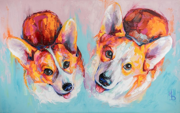 Oliehonden portret schilderij in veelkleurige tinten conceptueel abstract schilderij van een welsh corgi