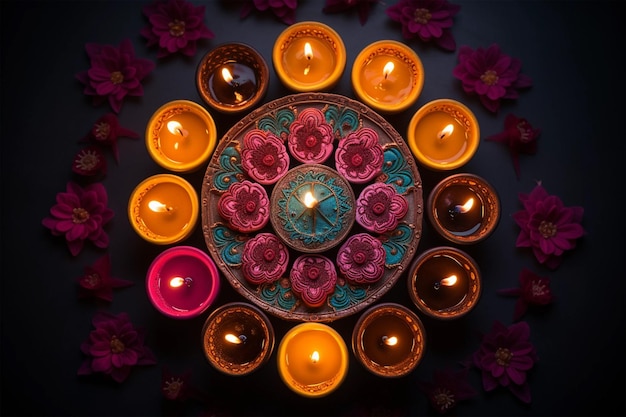 Olielampen en kaarsen verlicht op straat 's nachts tijdens de diwali viering gelukkige diwali kaart