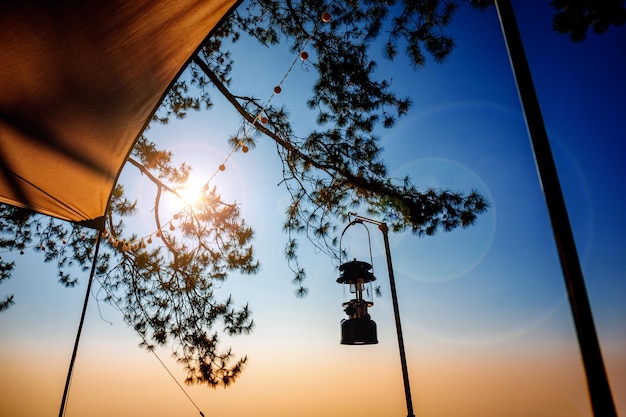 Olielantaarn hangend op Camping en tent onder het dennenbos bij zonsondergang