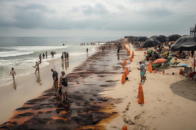 Foto olielekkage op druk strand met parasols en mensen op de achtergrond gemaakt met generatieve ai