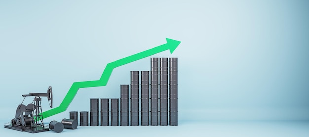 Oliepomp en vaten met stijgende groene pijl op witte achtergrond met mock up plaats groei en economie concept 3D-Rendering