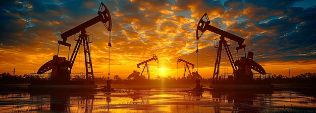 Oliepompen met stijgende financiële grafieken bij zonsopgang