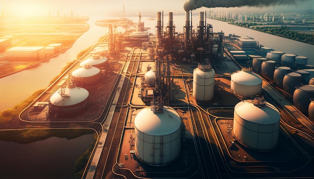 Olieraffinaderij met prijsgrafiek en petrochemische faciliteit industriële achtergrond bij daglicht Generatieve AI