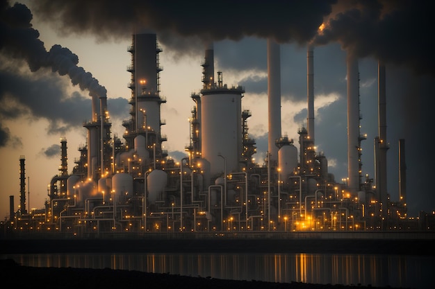 Olieraffinaderijen of fabriek met hoge rokende schoorstenen Generatieve AI