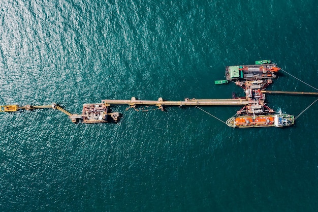 Olietanker olie laden en lossen bij het oliestation aan de zee luchtfoto drone oogpunt