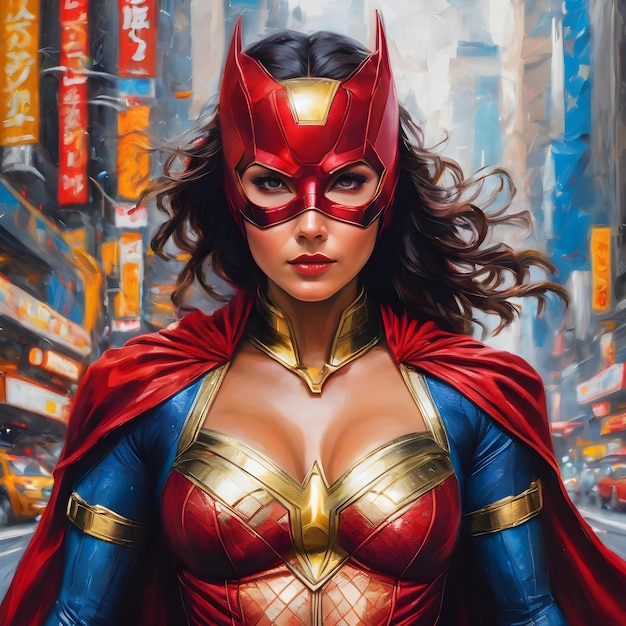 Olieverf close-up vrouwelijke superheld met rood masker en lang bruin haar