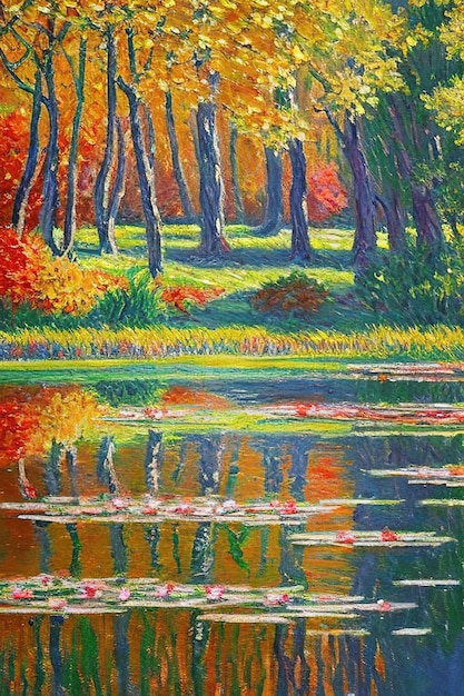 Olieverf in de stijl van Monet herfst parkwarme kleuren gegenereerd door Ai