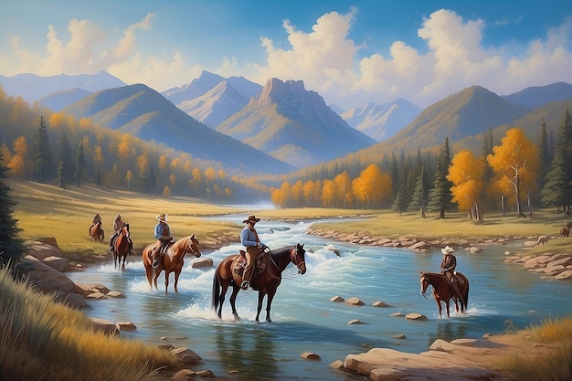Olieverf kunstzinnig beeld van een landschap beeld van Tennessee bergen cowboys en westerse flair met een rivier en paarden