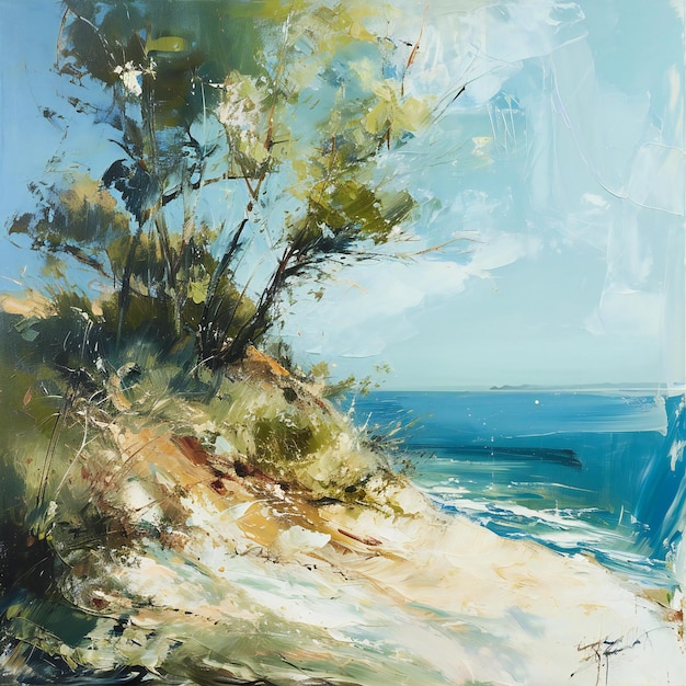 Olieverf op doek Prachtig zeegebied met eenzame bomen en blauwe lucht