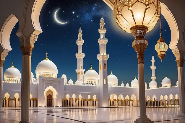 Olieverf Ramadan lantaarn woestijn Zayed Grote Moskee Islamitische halve maan achtergrond