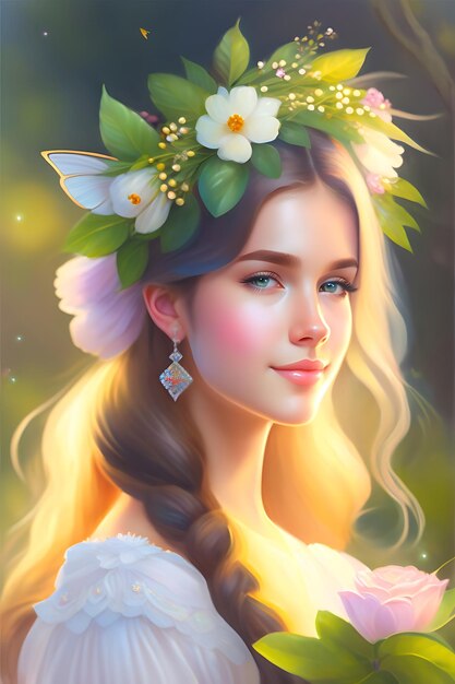 Olieverf van een prachtige lente fee prinses met een bloemen kroon