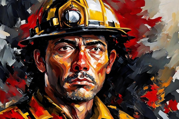 Olieverfportret van een man in de helm van een brandweerman