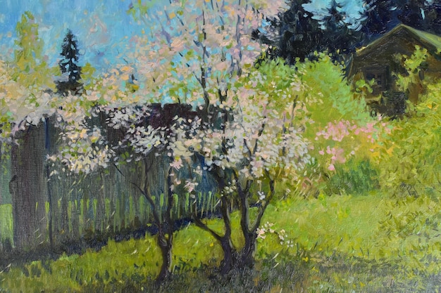 Olieverfschilderij impressionisme zomer dorpslandschap. schilderen op canvas huis in de tuin