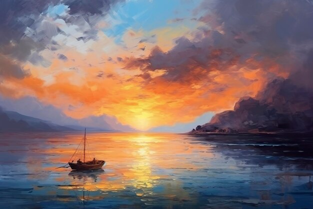 Olieverfschilderij van een vissersboot bij zonsondergang op zee Zeelandschapsconcept AI Generatief