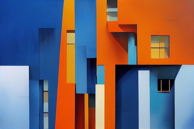 Olieverfschilderij van gebouw in Bauhaus-kunststijl Kleur Marineblauw Oranje Geel