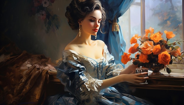 olieverfschilderij vol rijke retrostijl met een elegante dame in de beeldreflectiefotografie