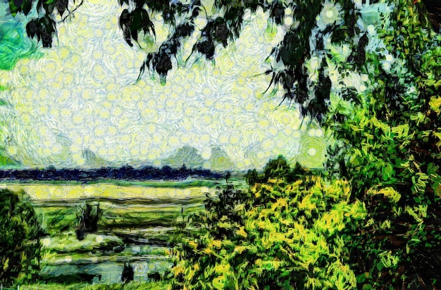 Olieverfschilderij voorstedelijk landschap Moderne digitale kunst impressionisme techniek imitatie van Vincent van Gogh-stijl