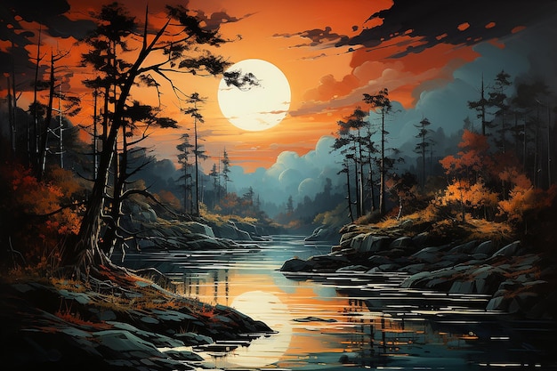 Olieverfschilderij zonsondergang boven water in een serene omgeving