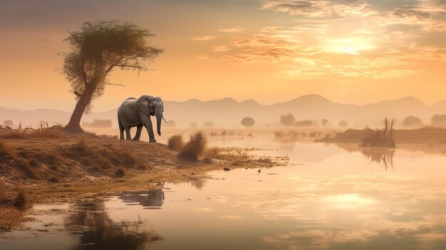 Olifant Bij Zonsopgang Een Wazig Landschap