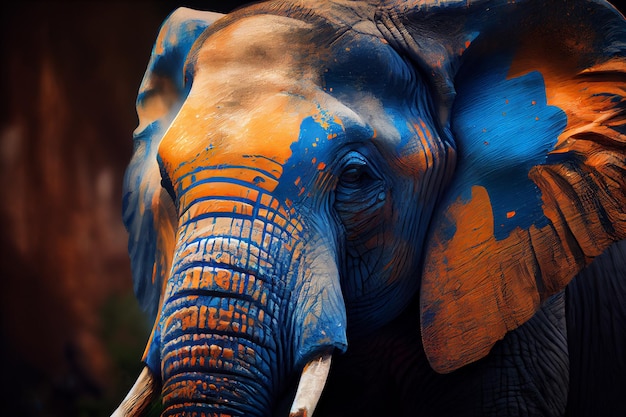 Olifant in blauw en oranje paintgenerative ai