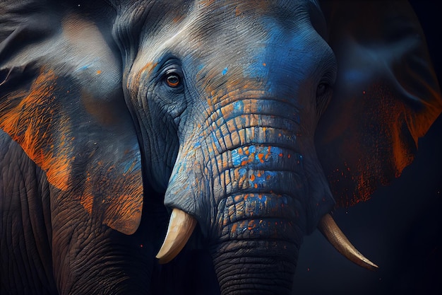 Olifant in blauw en oranje paintgenerative ai