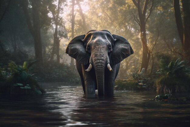 Olifant in de rivier midden in het bos generatieve ai