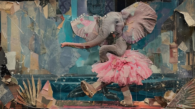 Olifant in de roze jurk danst wals Surrealistische gescheurde papieren collage
