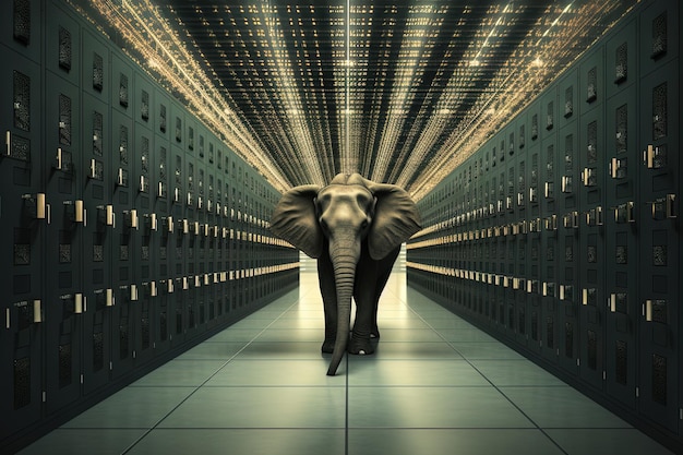 Olifant in de serverruimte Concept van de big data en digitale kwetsbaarheid Gegenereerde AI