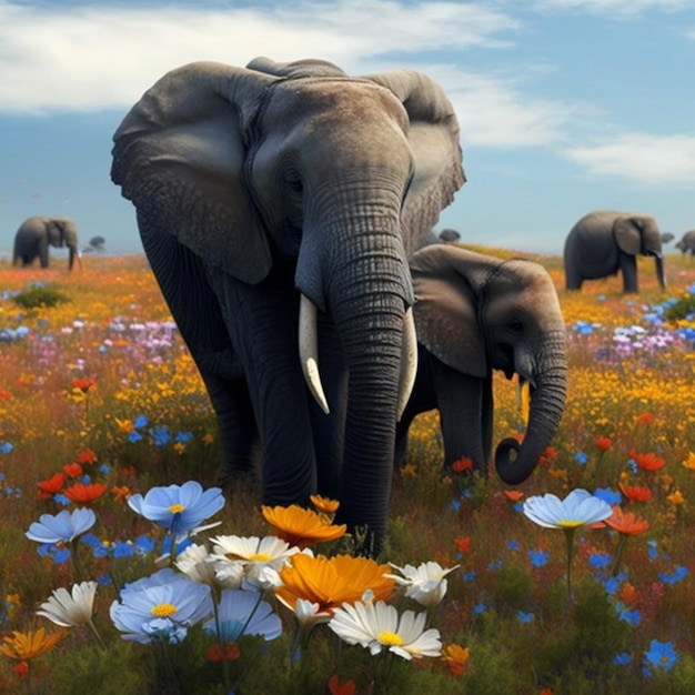 Olifanten in een bloemenveld met een hemelachtergrond generatieve ai