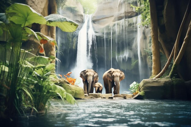 Olifanten in een waterval in het oerwoud