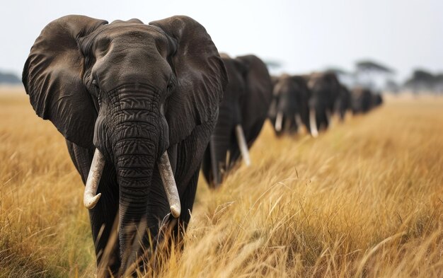 Olifantmoeder leidt haar majestueuze kudde door de Afrikaanse graslanden.