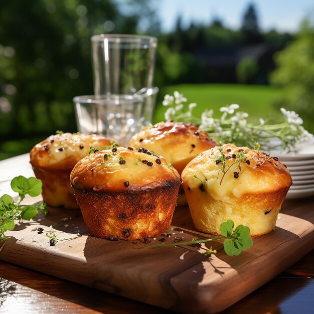 Olijf- en kaasmuffin op witte tafel in de tuin