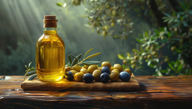 Olijfolie en bessen op de houten tafel en de achtergrond van de olijfboom