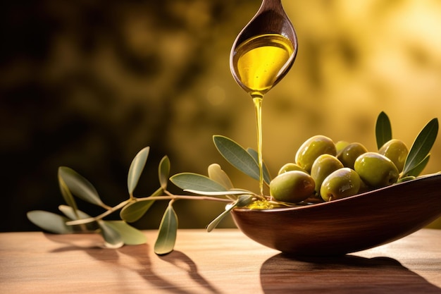 olijfolie en een olijftak op een lichte achtergrond Generatieve AI