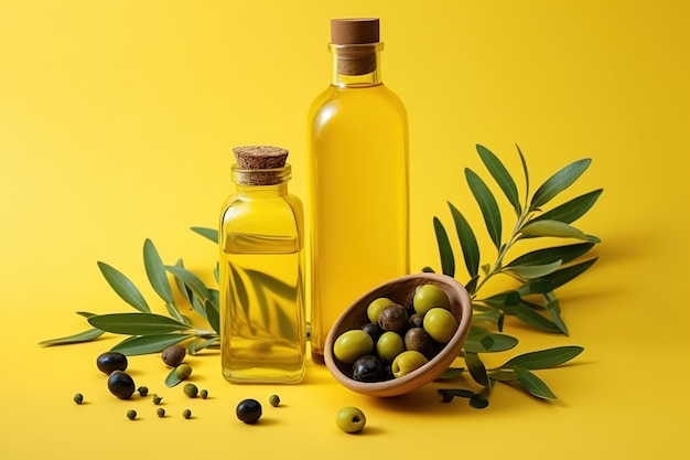 Olijfolie en olijfolie in een kom met olijven op een gele achtergrond
