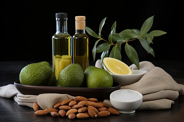 olijfolie gezond voedselingrediënt gele maagdelijke fles groen blad mediterraan vers