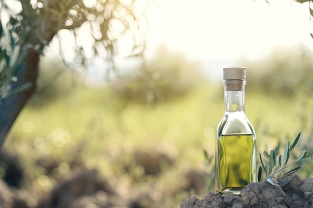 Olijfolie in een glazen fles op een achtergrond van olijfbomen