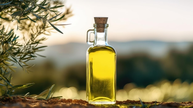 Olijfolie in een glazen fles op een houten tafel met olijfbomen onder de ochtendzon groene olijven