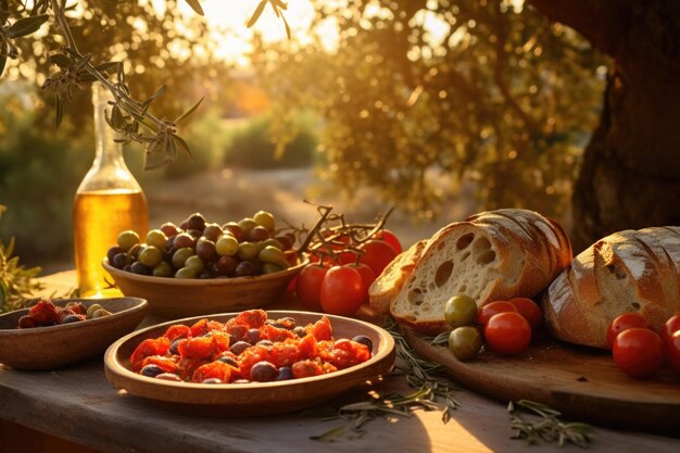 Olijfolie in flessenbrood en groenten op tafel buiten Picknick in de natuur