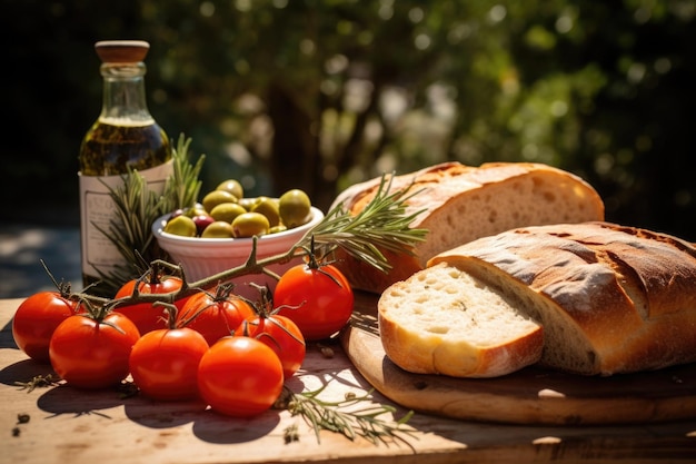 Olijfolie in flessenbrood en groenten op tafel buiten Picknick in de natuur