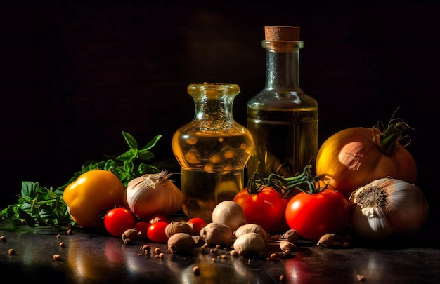 Olijfolie knoflook tomaten groenten op een donkere ondergrond