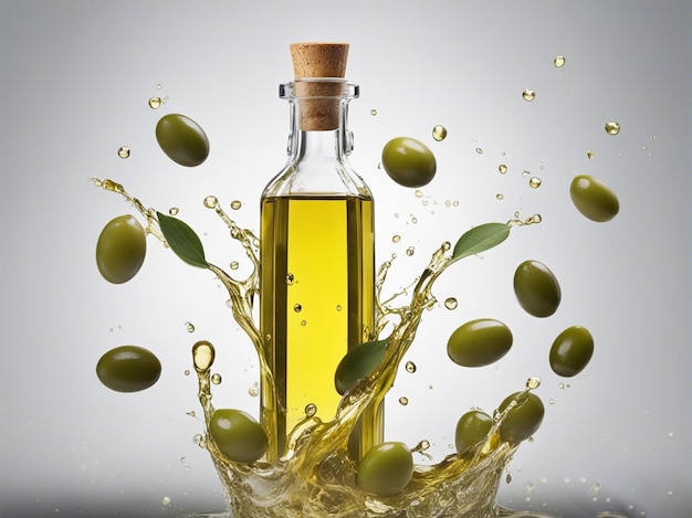 Olijven en olijfolie plonsen op een groene achtergrond