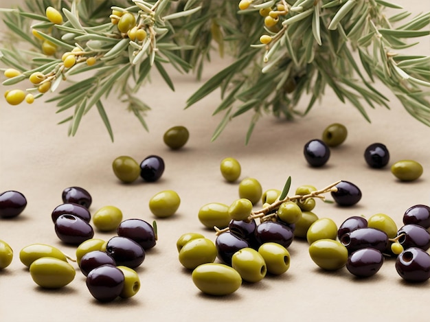 Olijven voor het gieten van extra vergine olijfolie Gezonde Italiaanse voedselcompositie